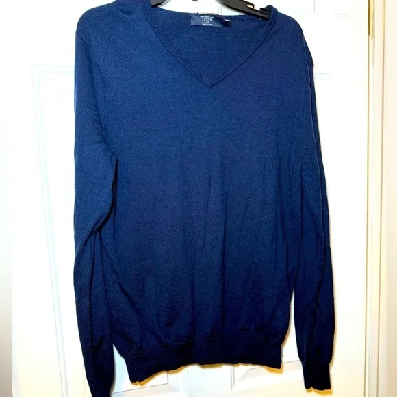 J Crew Mens Large 100% Merino Wool Sweater Navy V-Neck Lightweight Classic slim
