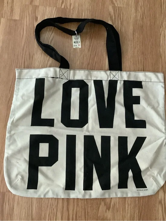 Victoria's Secret Canvas Tote in White and Black with LOVE PINK Print