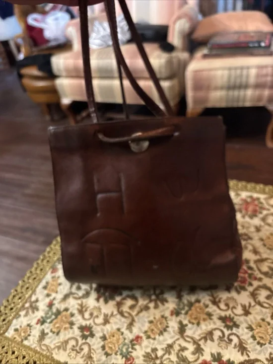 Two Bar West Small Brown Leather Western Tote Purse Embossed Brand Handbag