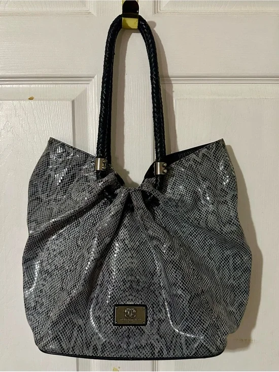 Snake-Print Grey Tote with Braided Handles