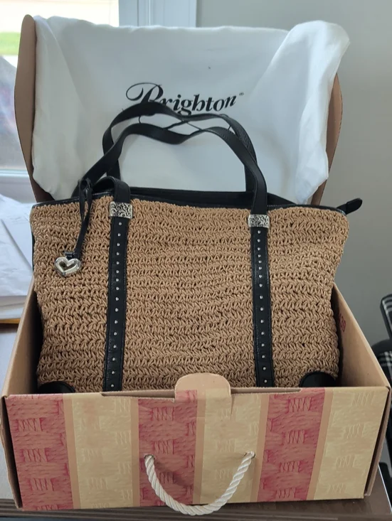 Brighton Tan Woven Tote with Black Trim and Heart Charm