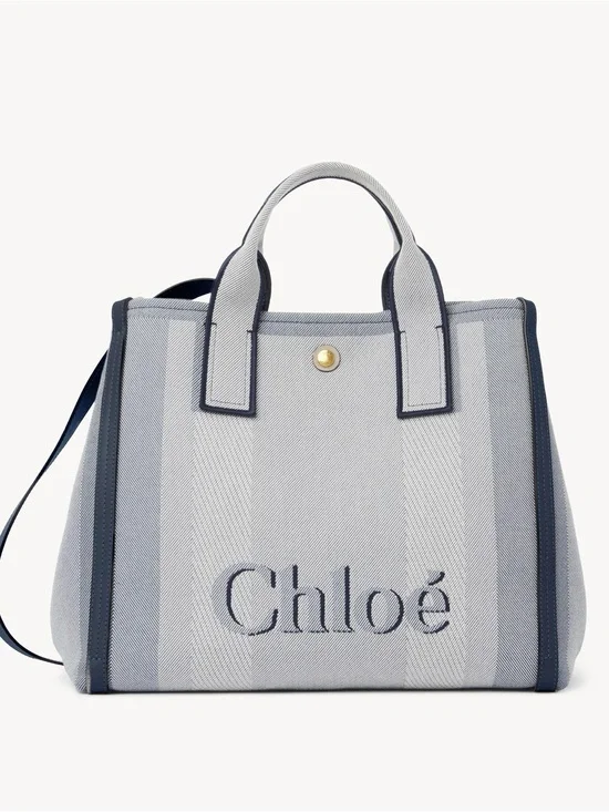NEW Chloé Carry Logo Detailed Large Tote Bag in Striped Moonlight Blue Bag