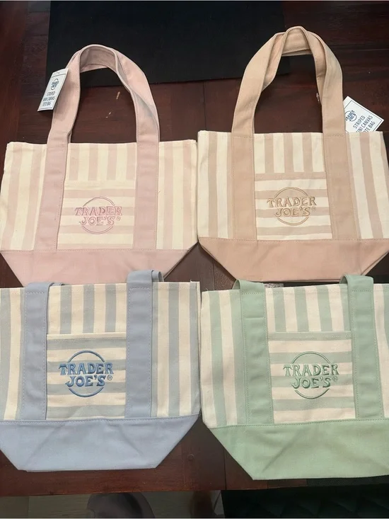 NWT Trade Joe’s Mini Striped Canvas Tote Bags Set of 4 - Pink, Tan, Blue, Green
