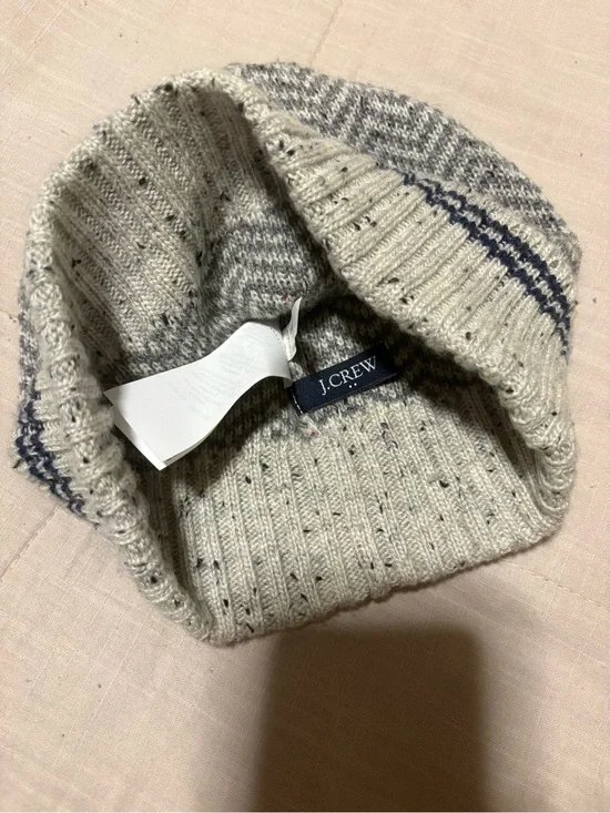 J Crew Gray and Cream Knit Beanie with Navy Stripe