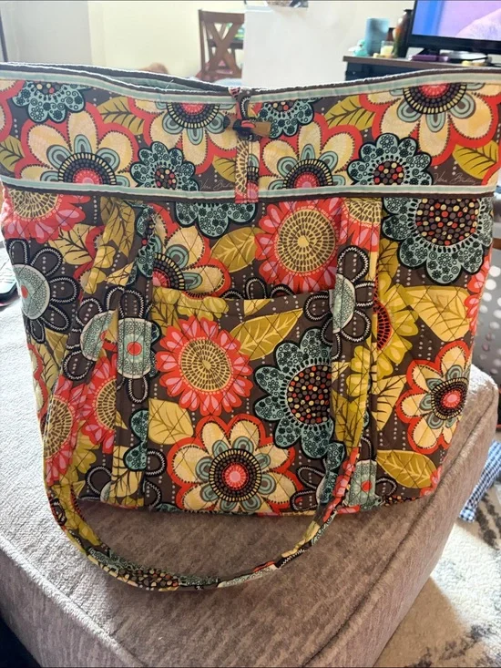 Vera Bradley Quilted Floral Tote in Coral, Teal, Yellow & Brown
