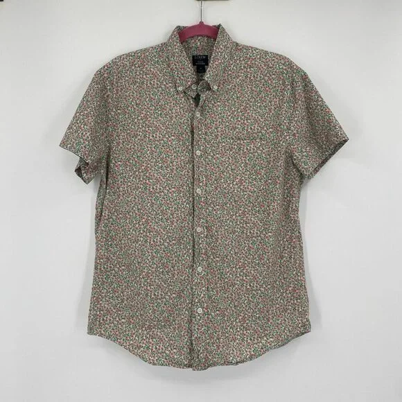 J.Crew Men's Size M Green Flex Wash Floral Print Button Front Shirt Short Sleeve