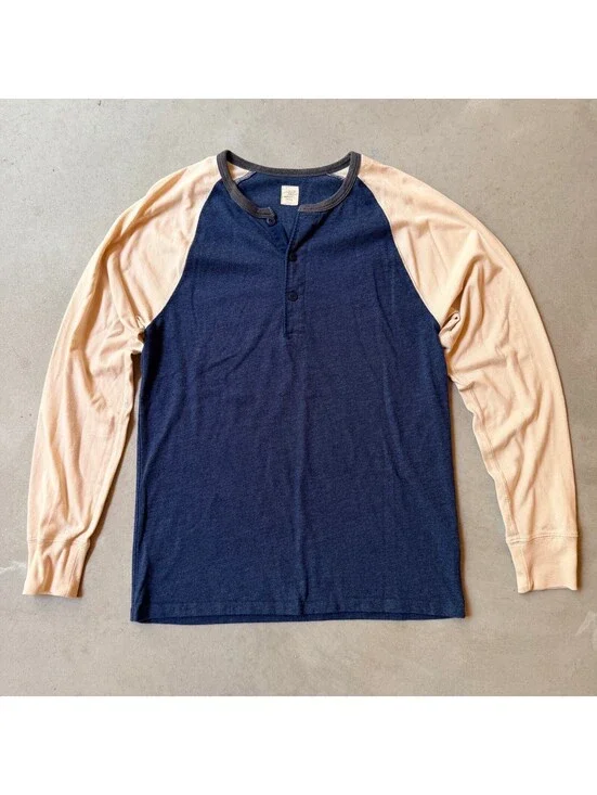 J.Crew Henley Baseball Shirt Small Two Tone Blue and Beige Long Sleeve Raglan
