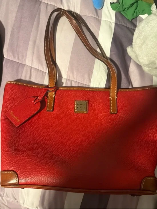Dooney & Bourke Red Pebble Leather Tote with Brown Trim and Tag