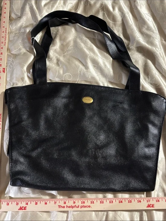 Lancome Black Textured Tote with Gold Logo Plaque