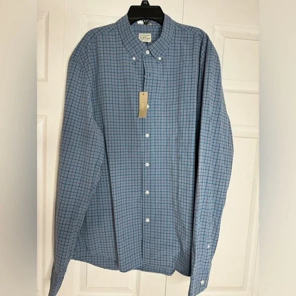 NWT J Crew Men Secret Wash Shirt Mens XL Blue Checkered Stretch Gingham