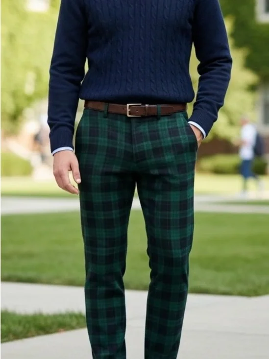 Men's Green Plaid Dress Pants - Classic Tailored Fit