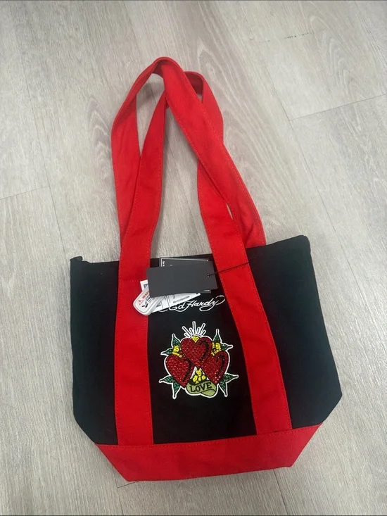 Ed Hardy Red and Black Canvas Tote Bag with Heart Embroidery