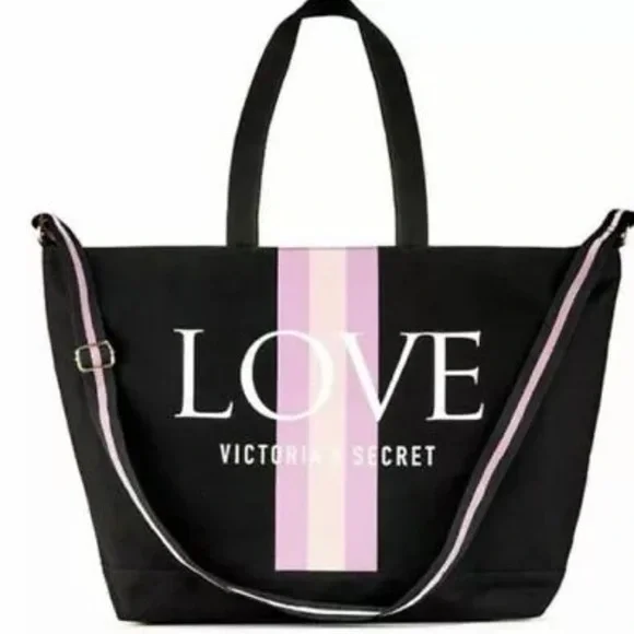 Victoria Secret LOVE Stripe Black Pink Beach Weekend Zipper Tote Bag NWT #CL-38