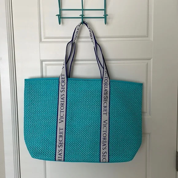 Victoria's Secret Bombshell Isle Crochet Straw Tote Bag Aqua Blue
