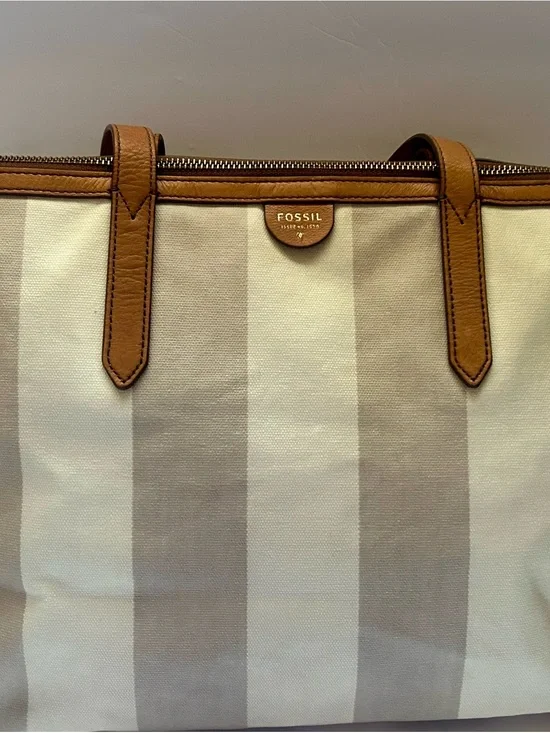 Fossil Cream and Light Gray Striped Canvas Tote with Tan Leather