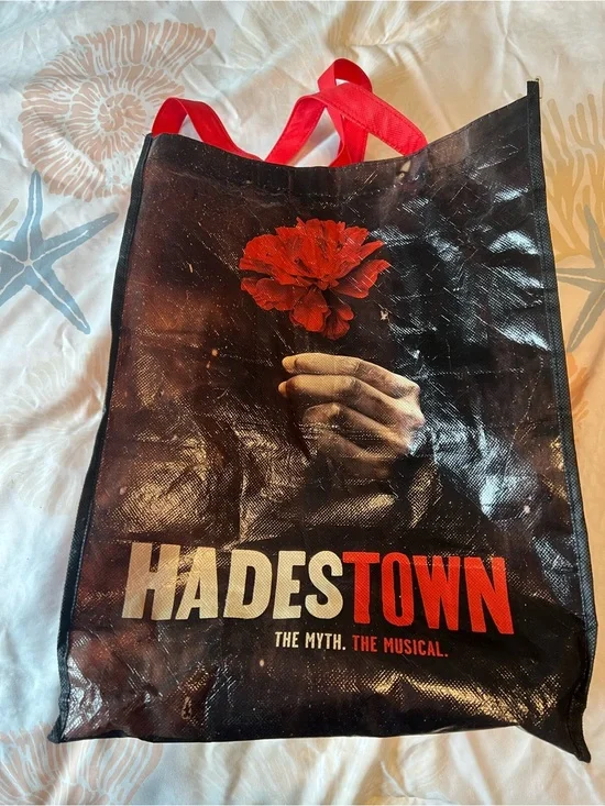Hadestown Broadway Musical Reusable Tote Bag with Red Flower Graphic