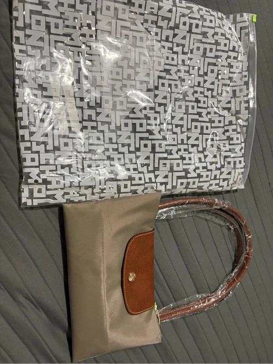 Longchamp Taupe Tote with Brown Trim and Chestnut Handles