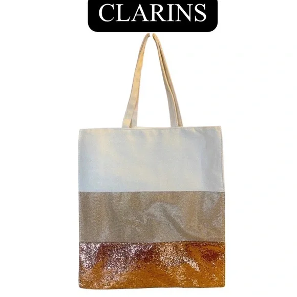CLARINS Champagne Bronze Glitter Canvas Lined Tote Bag, NWOT