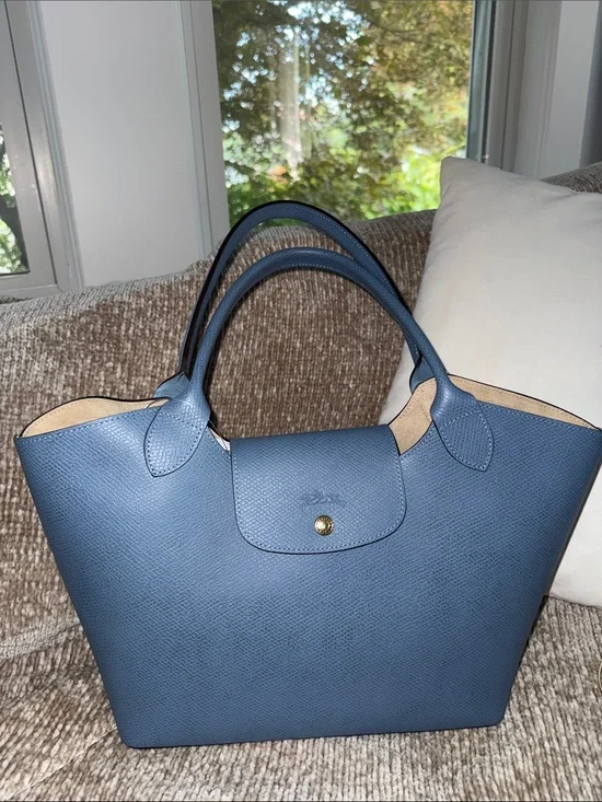 Longchamp Blue Pebbled Leather Tote- Épure shoulder bag in Slate