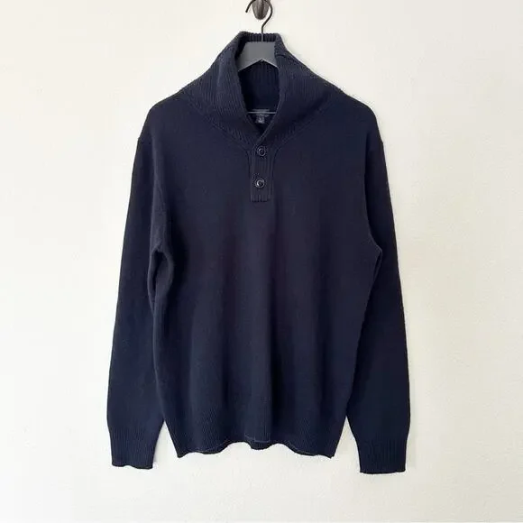 J. Crew Sweater Mens 100% Lambs Wool Button Cowl Neck‎ Navy Cozy Casual Large