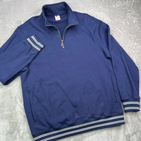 J.Crew Quarter-Zip Pullover Mens Large Navy‎ Blue Striped Trim Cotton Sportswear