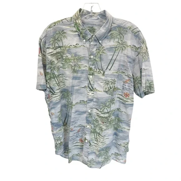 J.Crew Lightweight Chambray Tropical Island Palm Tree Print Shirt Blue LARGE