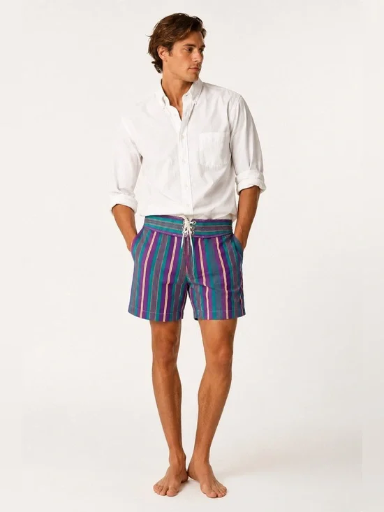 Vintage J Crew Sailing Shorts Purple Green Stripe Lace Up Canvas 36
