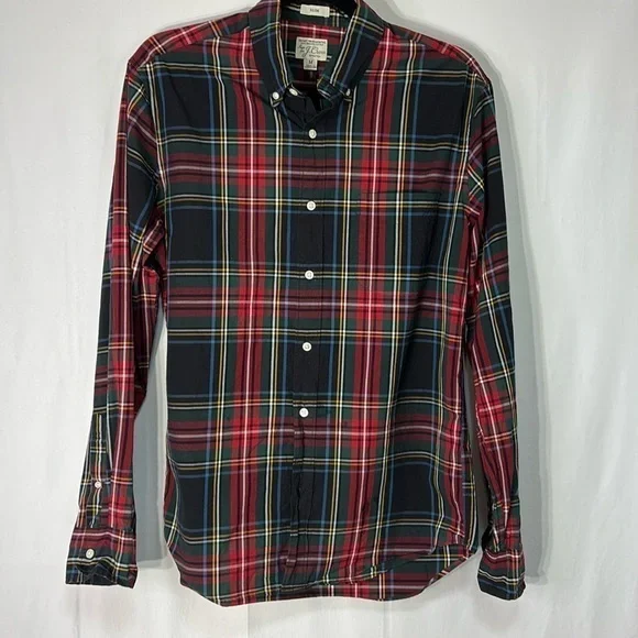 👛 J.Crew, slim stretch, black and red plaid organic cotton button down: