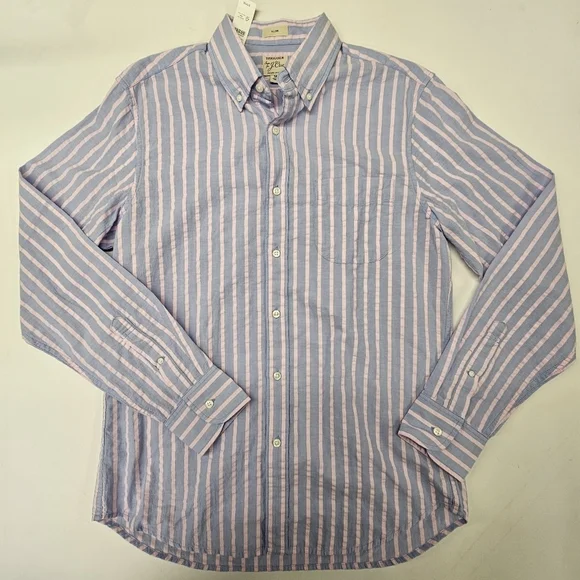 NWT J Crew Shirt Mens Med Slim Seersucker Striped Blue Pink Button Down Cotton