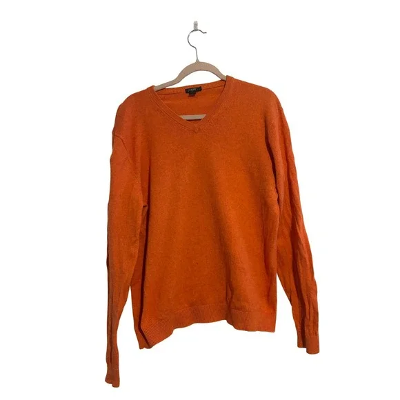 J Crew Mens Orange V Neck Long Sleeve Sweater‎ Size Large Cotton Cashmere Blend