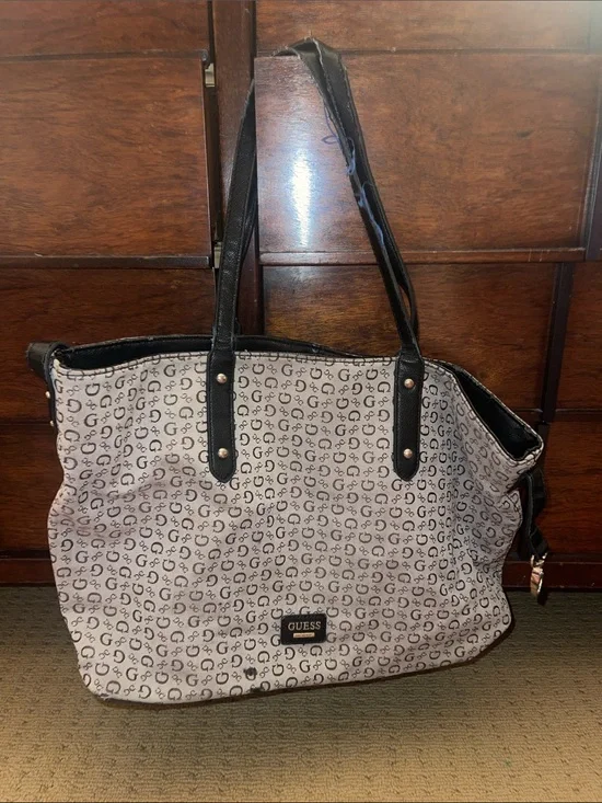 GUESS Cream Logo-Print Tote with Black Trim