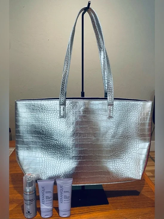 Metallic Croc-Embossed Tote Bag w/ Keranique Rejuvenate products.