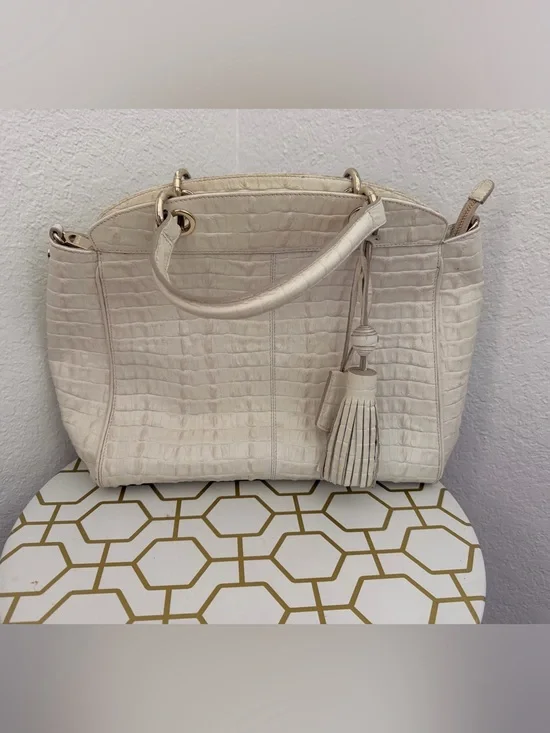 Brahmin Cream Croc-Embossed Tote with Tassel