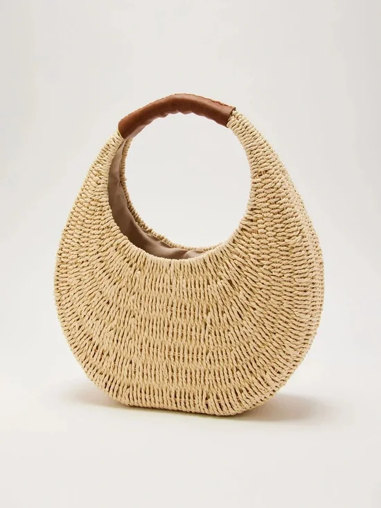 Woven Crescent Straw Tote Bag with Brown Handle
