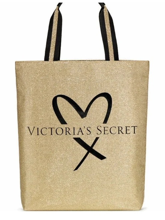 Victoria's Secret Gold Glitter Tote with Black Heart Logo