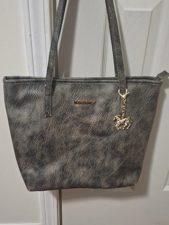 Montana West Gray Faux Leather Tote with Gold Horse Charm