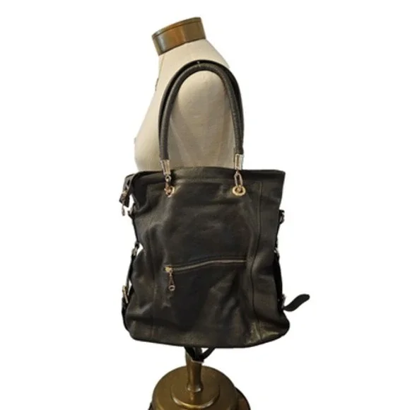 Charcoal Grey Pebbled Leather Tote Bag Gold Hardware Crossbody Large Handbag
