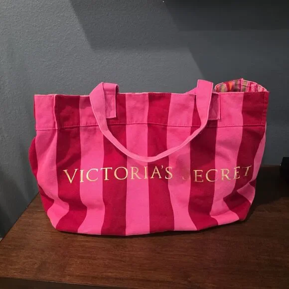 Victoria's Secret 2009 Hot Pink Striped Logo Canvas Tote Bag Reversable 18x13
