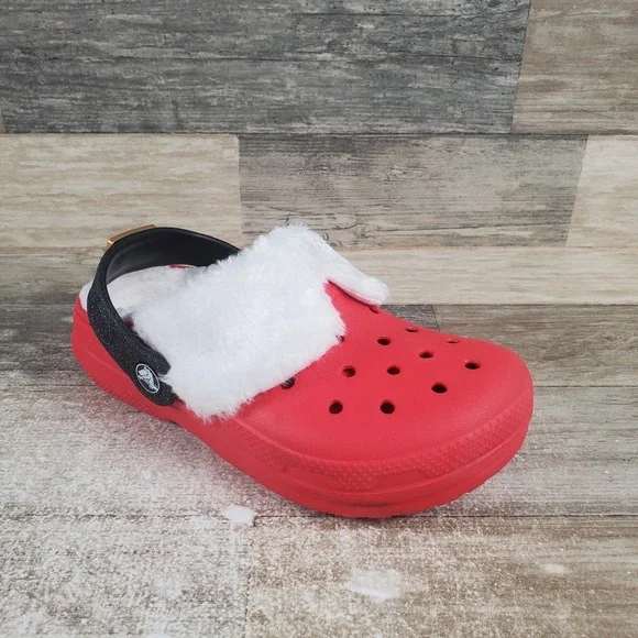 Crocs Classic Lined Santa Kids Clogs Sz 1 J1 Red Rubber Slip-On Slingback Shoes‎