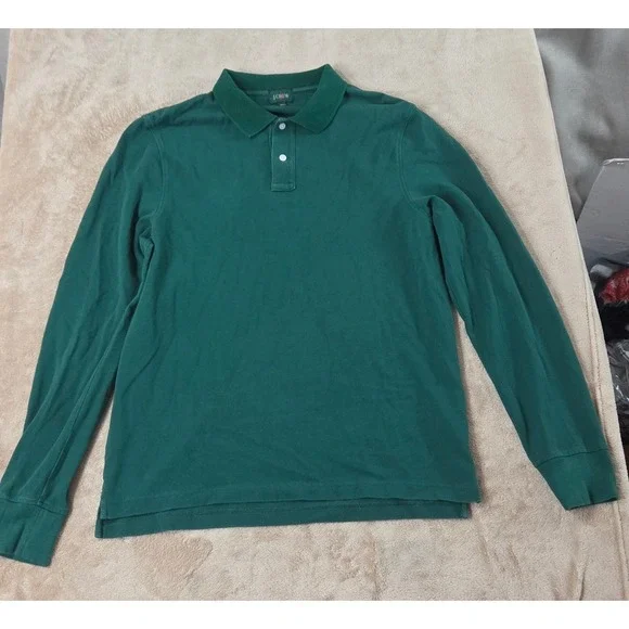 Vintage J. Crew Oarsman Polo Shirt Men Medium Green Mesh Cotton Long Sleeve