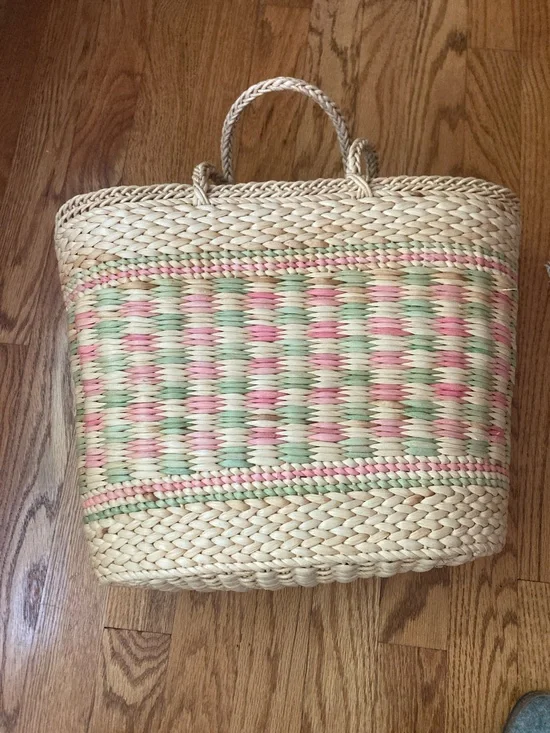 Woven Straw Tote Bag in Natural with Pink & Green Accents