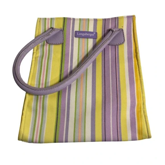 Longaberger Tote Bag Purple Yellow Multi Stripe Canvas Top Handle Purse Handbag