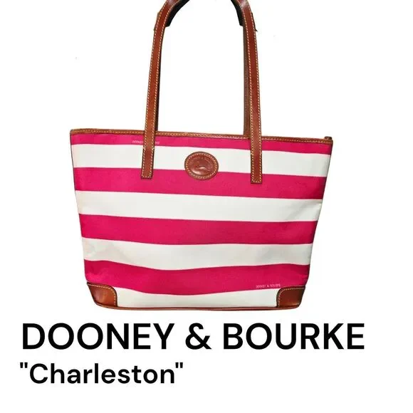 Dooney & Bourke Charleston Pink White Stripes Logo Zipper Top Shoulder Bag Purse