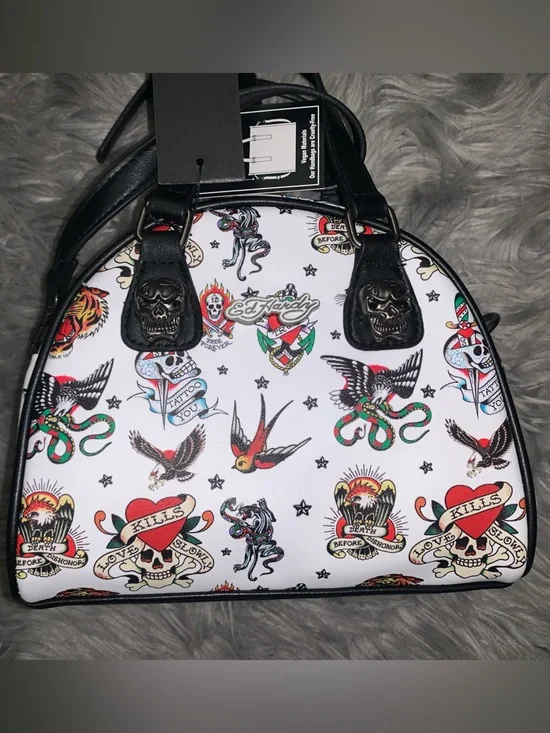 Ed Hardy White Graphic Print Mini Tote Crossbody Bag
