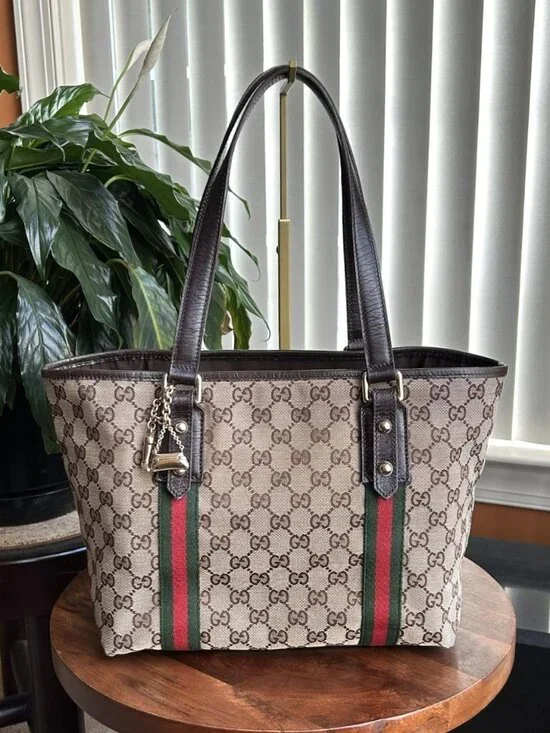 GUGGI GG Supreme Monogram Sherry Web Tote, Tan, Brown