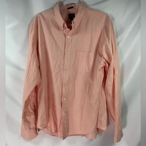 J. Crew Men's Gingham Flex Long Sleeve Button Down Slim Cut Shirt Peach/White L