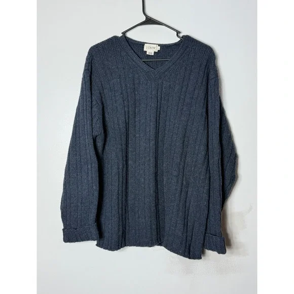 J.Crew Mens 100% Wool Ribbed‎ V-Neck Sweater Blue Charcoal Vintage Large