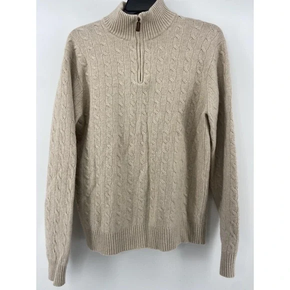 J Crew Sweater Mens XLT Tan Cable Knit 1/4 Zip Lambswool Angora Cashmere‎ Soft