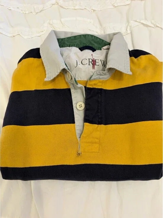 Vintage 90s J Crew Rugby Shirt Men's XLT Blue Yellow Striped Faded Well Worn