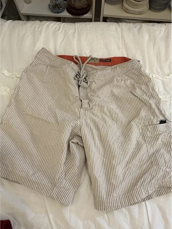 J.Crew The Original Longboard Shorts Mens 36 Taupe Gray Stripe Seersucker